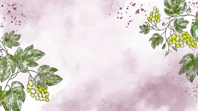 Watercolor video screensaver banner with green grape clusters and vine leaves on soft background. Elegant food and wine motion background perfect for winery ads, menu screens, branding, and vineyard