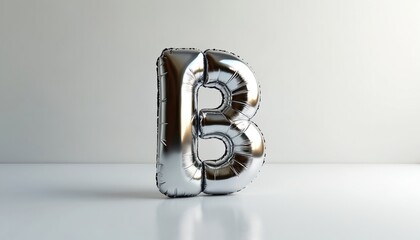 Shiny metallic silver balloon letter B floats on a clean white surface. This inflated symbol provides a modern, glossy alphabet element for design projects and celebrations.