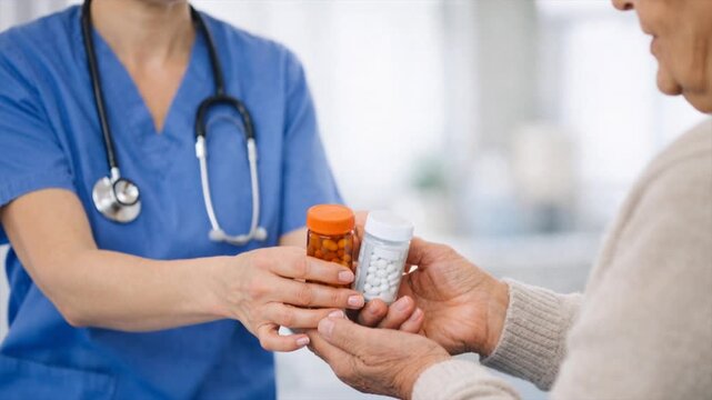Nurse gives a patient bottles of pills