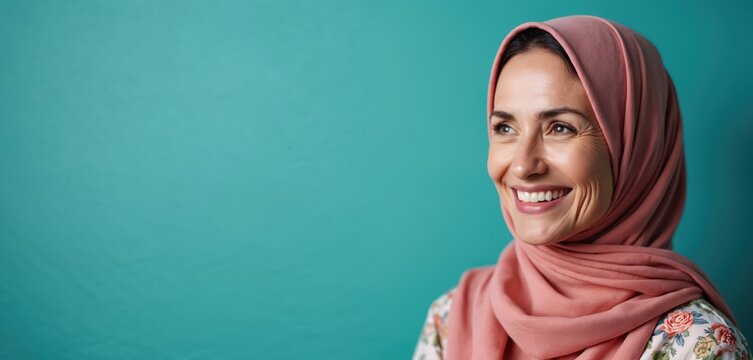 Woman smiles in hijab on turquoise backdrop. Muslim female looks ahead with positivity. Islamic lady wears scarf. Portrait diversity, culture, faith, identity, modern elegance. Represents