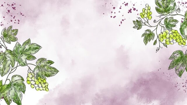 Watercolor video screensaver banner with green grape clusters and vine leaves on soft background. Elegant food and wine motion background perfect for winery ads, menu screens, branding, and vineyard