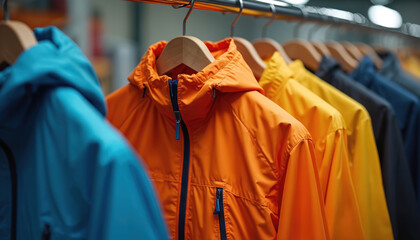 Colorful windbreaker jackets hang on clothing rack in store. Bright blue, orange, yellow raincoats visible, ready for purchase. Modern outerwear offers weather protection for outdoor adventures,