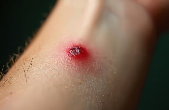 Closeup detail of human skin with mosquito bite. Red itchy mark on arm. Allergic reaction from bug. Inflammation. Medical photo of infection. Irritation on epidermis after insect sting.