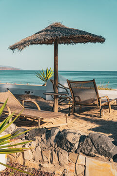 lounge chairs on the beach