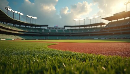 Baseball stadium ground view with fresh green grass. Brown clay infield contrasts with vibrant outfield. Arena stands empty ready for competition under sunshine and cloudy sky. Bright stadium lights.