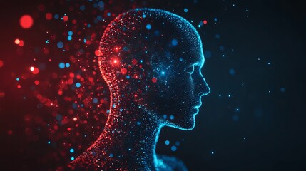 A digital illustration of a human head in profile made of glowing blue and red particles on a dark background