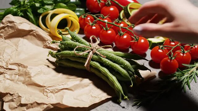 Arrangement Of Fresh Vegetables With Green Beans And Cherry Tomatoes In Kitchen