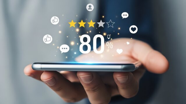 Hand holding smartphone displaying high satisfaction rating - Powered by Adobe