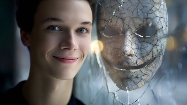 Perfectly groomed person smiling pleasantly camera but reflection window behind them show same person completely blank featureless face made of cracked porcelain facade of normalcy psychopathy concept