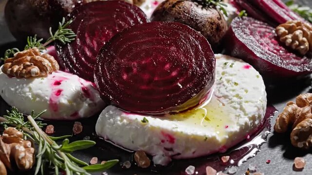 Beet And Goat Cheese Salad With Walnut And Rosemary On Dark Background Presentation
