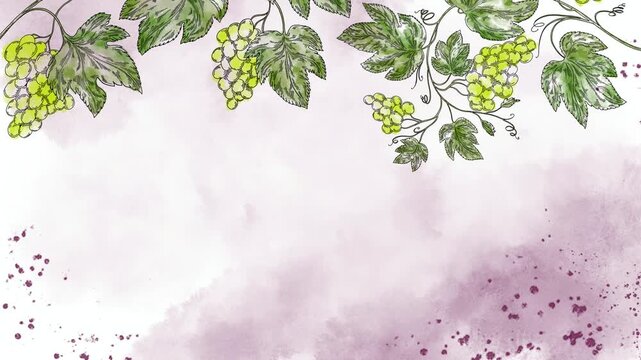 Watercolor video screensaver banner with green grape clusters and vine leaves on soft background. Elegant food and wine motion background perfect for winery ads, menu screens, branding, and vineyard