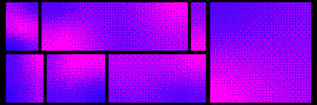 Pixelated bitmap texture set. Retro pixel art, glitch dither pattern. Leisure or arcade games duotone border frame. Modern Glitchy Halftone Pattern with Blue Dots on Magenta 8 bit background