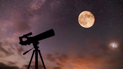 telescope at night sky with moon