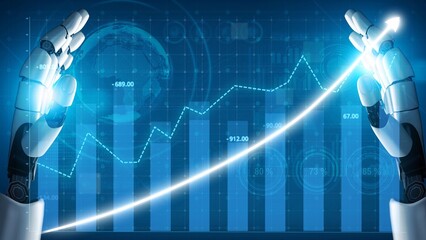 The image depicts a pair of robotic hands holding a glowing upward-trending graph, symbolizing advanced technology and business growth within a digital landscape. Copula