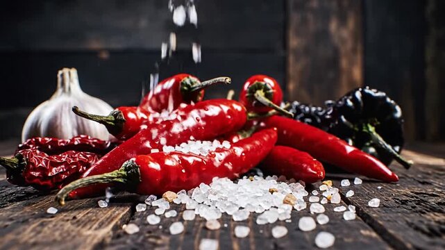 Captivating Display Of Fresh Chili Peppers And Garlic On Rustic Wood With Falling Salt
