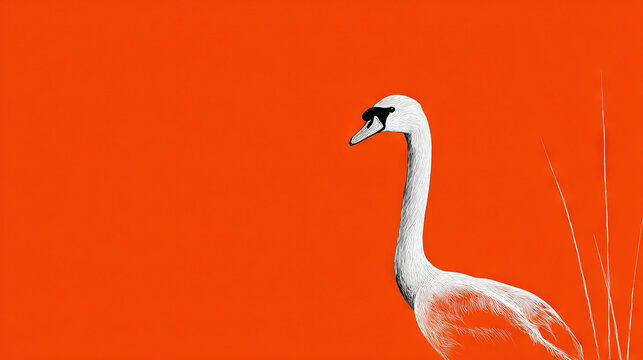 White Crane with Black Head on Orange Background