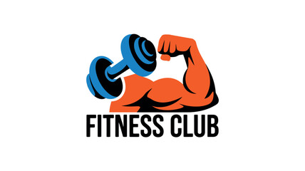 A fitness club logo with a muscular arm holding a dumbbell