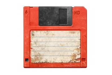 Obsolete red floppy disk hd vintage data storage, representing retro technology and computer evolution, with transparent background