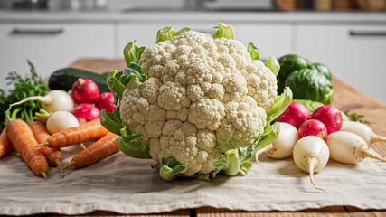 Cauliflower And Fresh Vegetables Arrangement On Wooden Table Close Up In Bright Kitchen