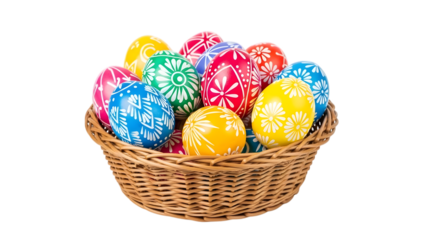 Easter eggs in basket isolated on transparent background for easter sunday