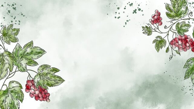 Watercolor video screensaver banner with green grape clusters and vine leaves on soft background. Elegant food and wine motion background perfect for winery ads, menu screens, branding, and vineyard