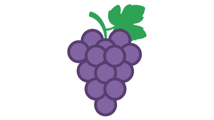 A vibrant purple bunch of grapes with green leaves on a white background
