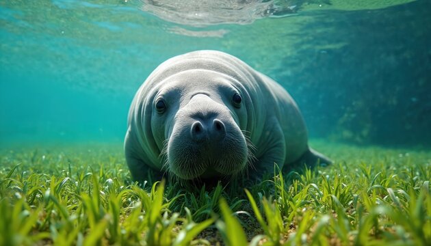 Cute manatee grazes seagrass in clear shallow water. Marine mammal eats aquatic plant in bay. Herbivore swims in sea, enjoys food. Peaceful wildlife underwater. Conservation, nature protection