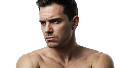 Fototapeta premium Shirtless man with serious expression for fitness and health concepts, Isolated On Transparent Background