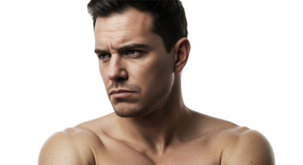Shirtless man with serious expression for fitness and health concepts, Isolated On Transparent Background