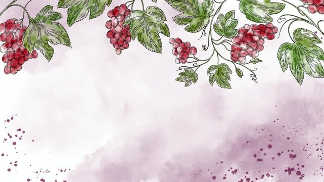 Watercolor video screensaver banner with green grape clusters and vine leaves on soft background. Elegant food and wine motion background perfect for winery ads, menu screens, branding, and vineyard