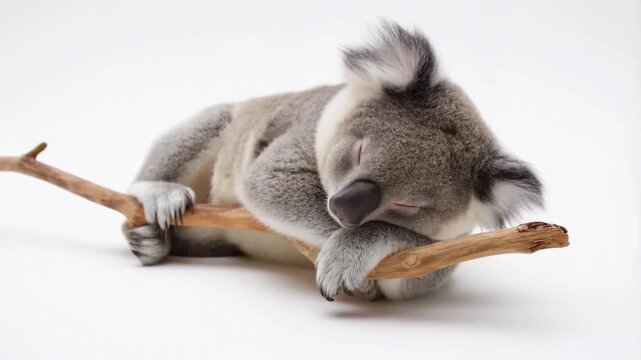 Sleepy koala hugging branch in peaceful slow motion nap sequence