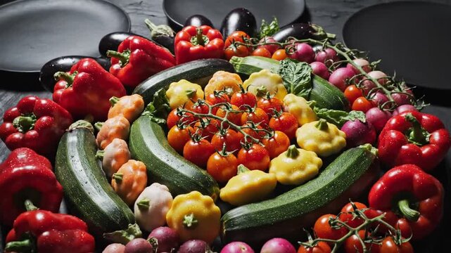 Artistic Still Life Of Assorted Fresh Vegetables Around Black Plates Elegant Display
