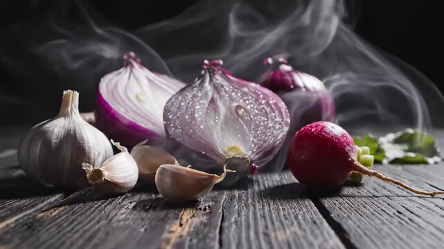 Artistic Still Life Of Fresh Red Onions Garlic And Radishes On A Rustic Wooden Table