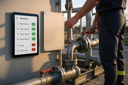 Industrial technician adjusting pipeline valve beside digital workflow tablet screen. - Powered by Adobe