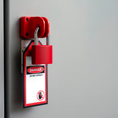Red lockout padlock with danger do not operate tag on electrical switch.