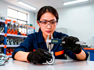 Technician measuring metal shackle bolt with digital caliper in workshop.
