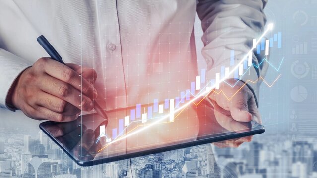 A professional businessman analyzes financial data on a tablet, surrounded by a dynamic graph visualization, showcasing growth trends and performance insights. Copula - Powered by Adobe