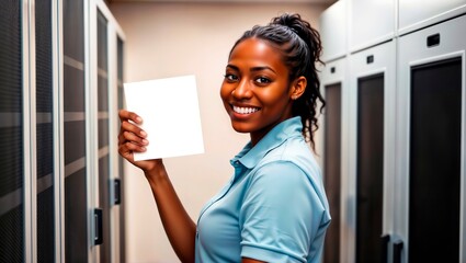 Black woman holding blank white card in data center server room. Space for text.