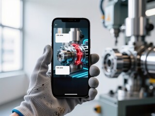 Worker holding smartphone with augmented reality application scanning industrial machinery components.