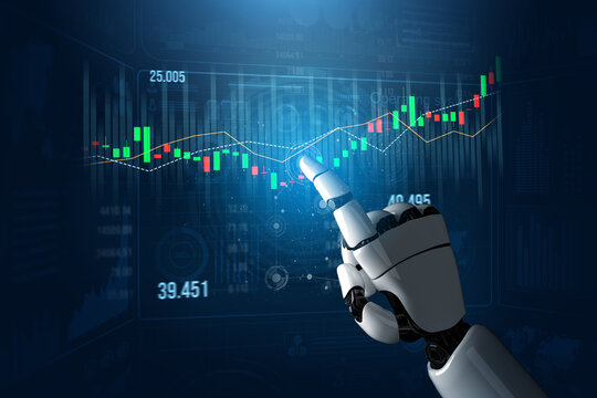 A sleek robotic hand points at dynamic financial charts and graphs, showcasing advanced technology in data analysis for stock market trends and insights. Scalp - Powered by Adobe