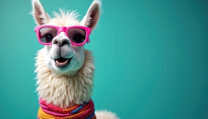 Fototapeta premium Stylish llama wears pink sunglasses and a colorful scarf. This funny animal has a quirky, cheerful expression against a bright teal backdrop, looking directly at the camera.