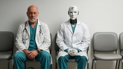 Doctor and a robot are waiting for a job interview. AI job replacement