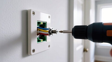 Electrician using a power drill to install wiring in a wall outlet box.