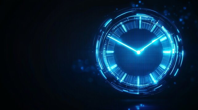 A futuristic digital clock face glows bright blue in a dark background
