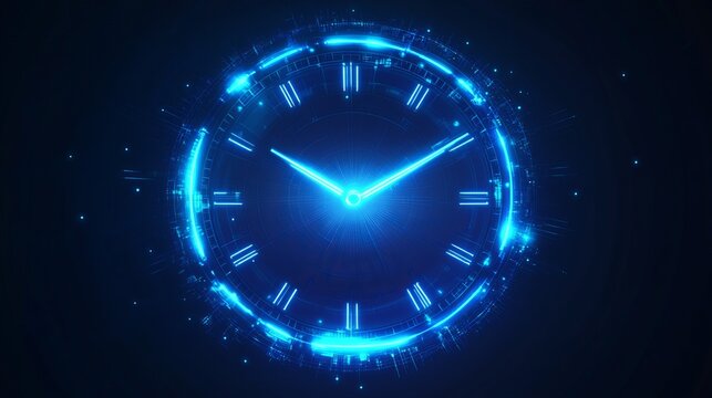 A glowing blue clock face with roman numerals against a dark background