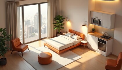 Fototapeta premium Cozy studio apartment modern furniture in isometric view. Home interior includes bed chair kitchen. Flat design shows sunlight through panoramic window with city view. Minimalist style bright