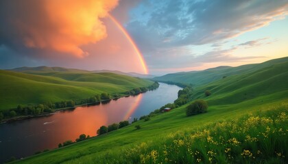 Fototapeta premium Rainbow arcs above river, hills on horizon. Colorful sky meets green grass. River reflects sky tint. Clouds, sunbeams in scene. Calmness in nature. Idyllic beauty with vibrant color palette nature