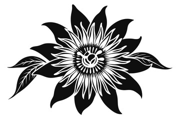 Simple black and white passion flower outline, vector graphic isolated on white
