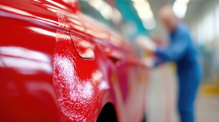 Car being painted in a workshop with a worker using a tool