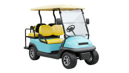 Blue and Yellow Golf Cart with Beige Canopy